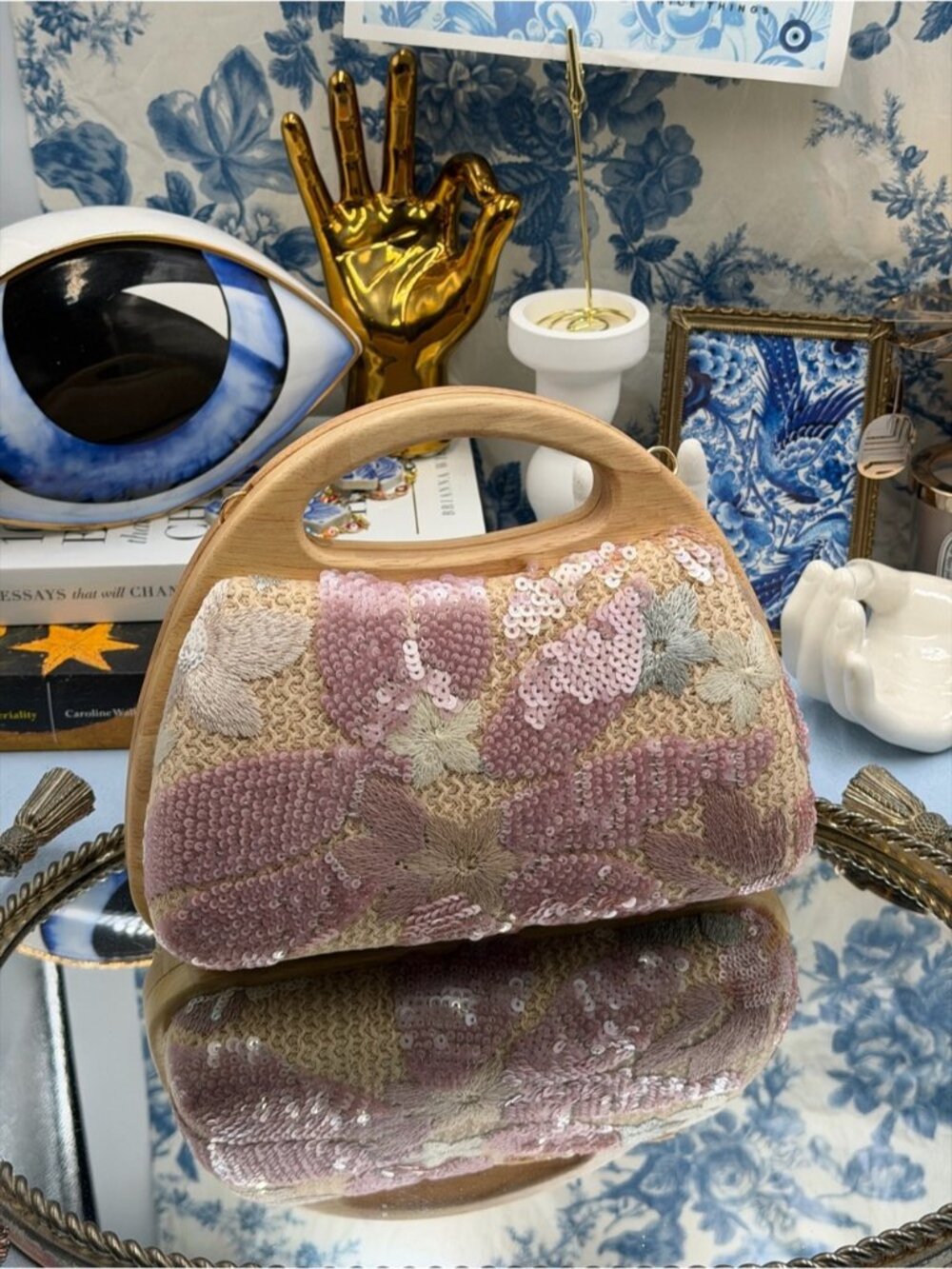 🆕 HAUTE HIPPIE 🧿 NWOT Floral Sequin & Crochet Wooden Clutch w Chain, Pink - Picture 15 of 16